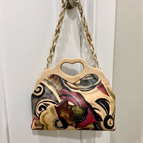 Handmade Genuine Leather Abstract Printed Wooden Frame Bag & 2 Strap Styles - Picture 1 of 16